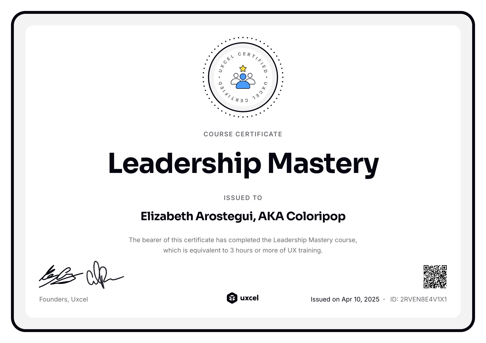 Elizabeth Arostegui, AKA Coloripop's certificate